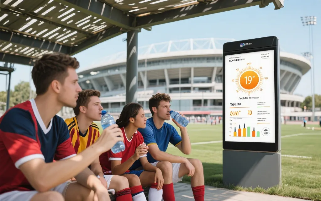 球迷在球场外阴影处补水休息，旁边有温度与热指数提示牌的科普视觉