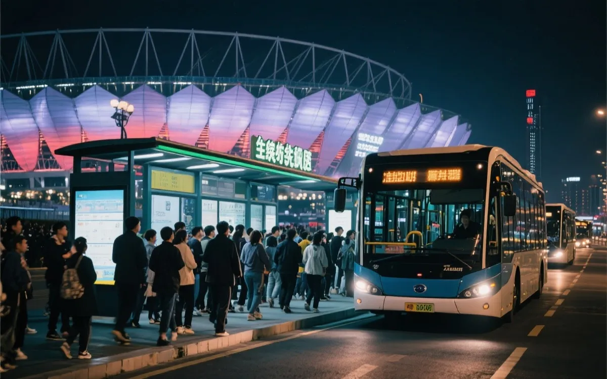 夜间球场外的低碳接驳场景，电动巴士与人群有序步行