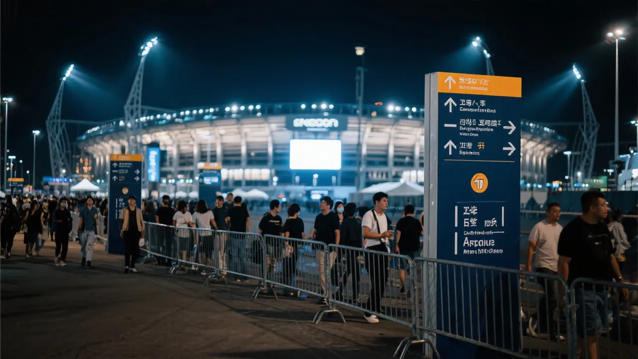 比赛日场馆外信息指引与人流分区的视觉示意