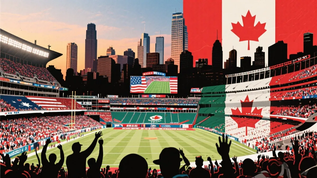 16座主办城市的观赛氛围拼贴：球场、城市天际线与球迷文化的跨文化交汇