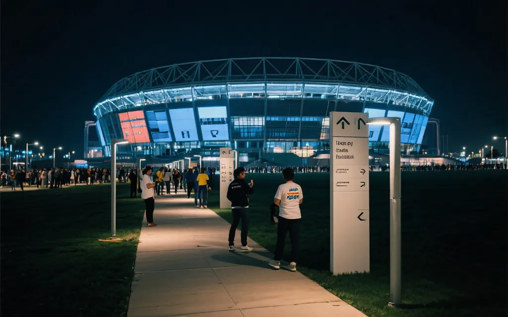 夜晚球场外的球迷步行通道与导视牌，安保与志愿者在人流中引导，灯光氛围强烈