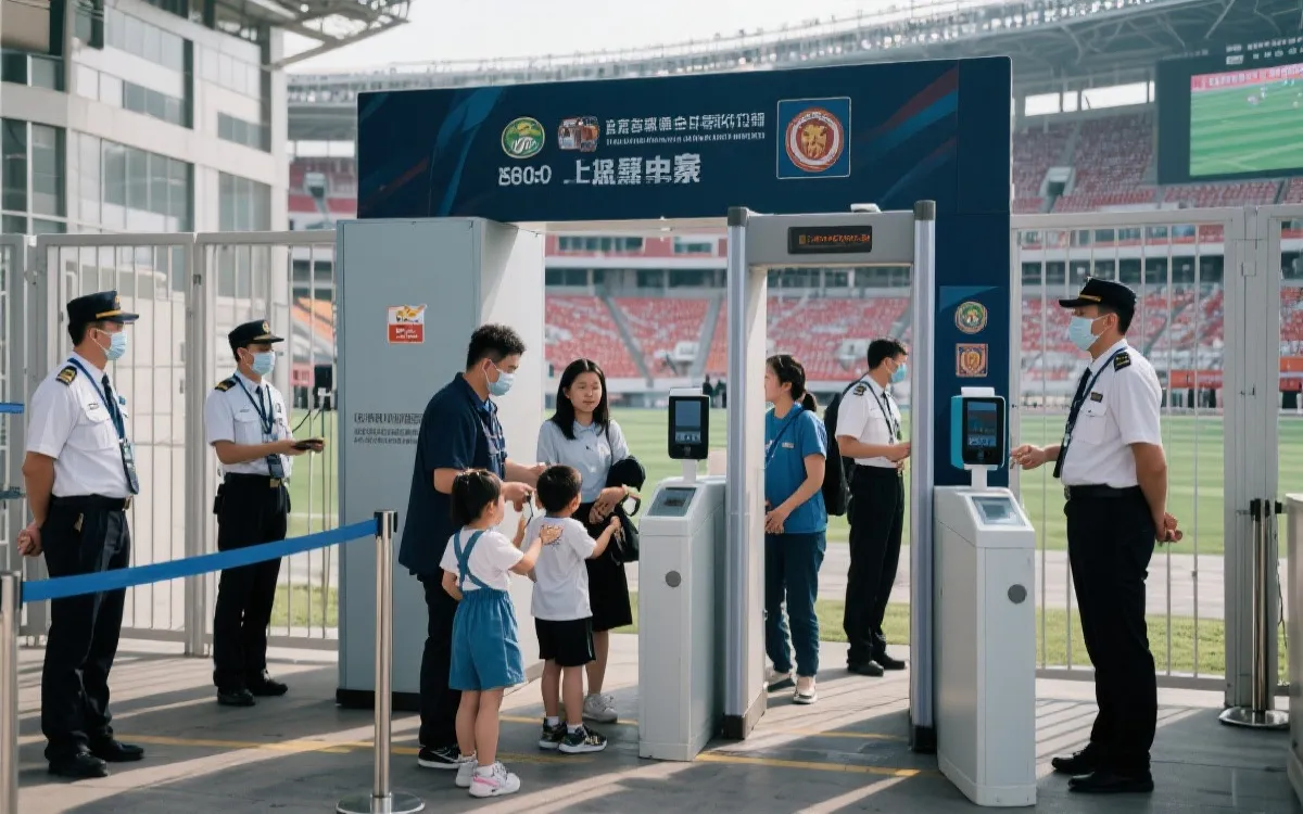 球场入口安检通道与家庭观众排队