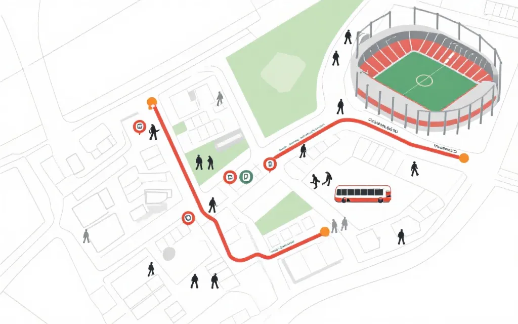 比赛日城市街区的步行与公交备选路线示意，强调分流与备用下车点