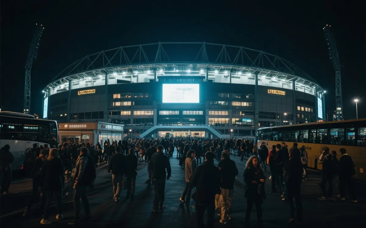 球场夜景与观众散场，提示赛后住宿与交通的重要性