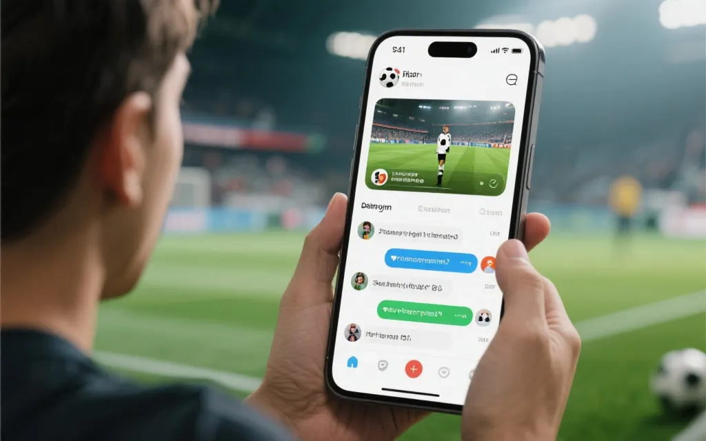 手机上观看足球直播与社交互动界面，体现流媒体与短视频带来的数字观赛体验