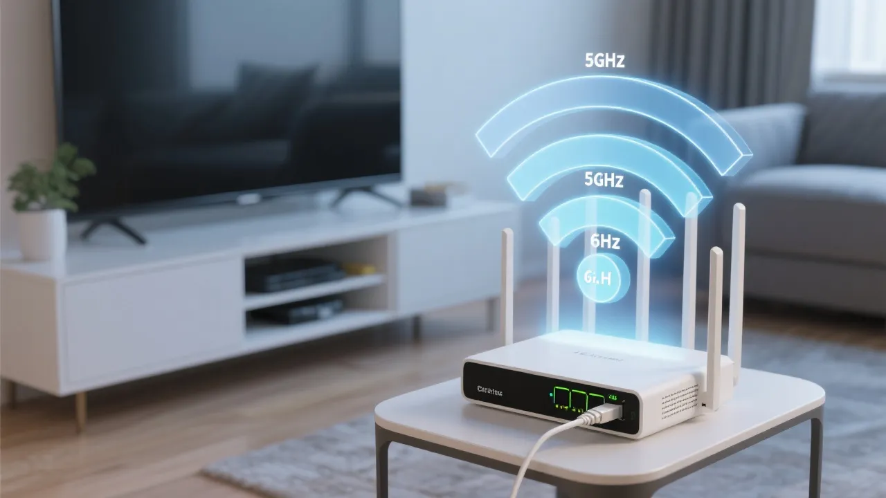 路由器与电视有线连接示意，Wi-Fi 5GHz/6GHz 波段与家庭设备分布的可视化