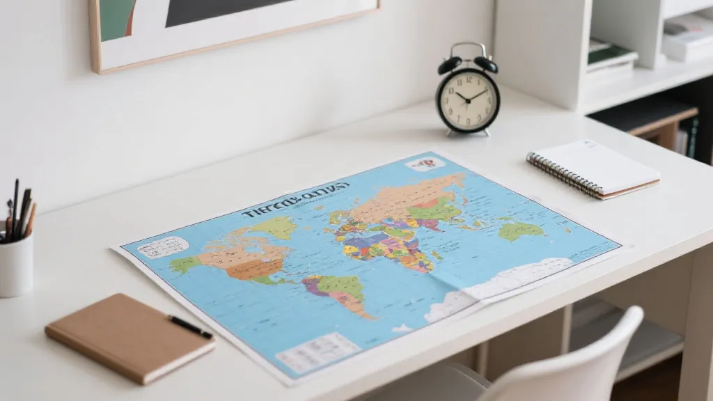 桌面上显示世界时区与闹钟的画面，象征换算终场时间与观赛规划