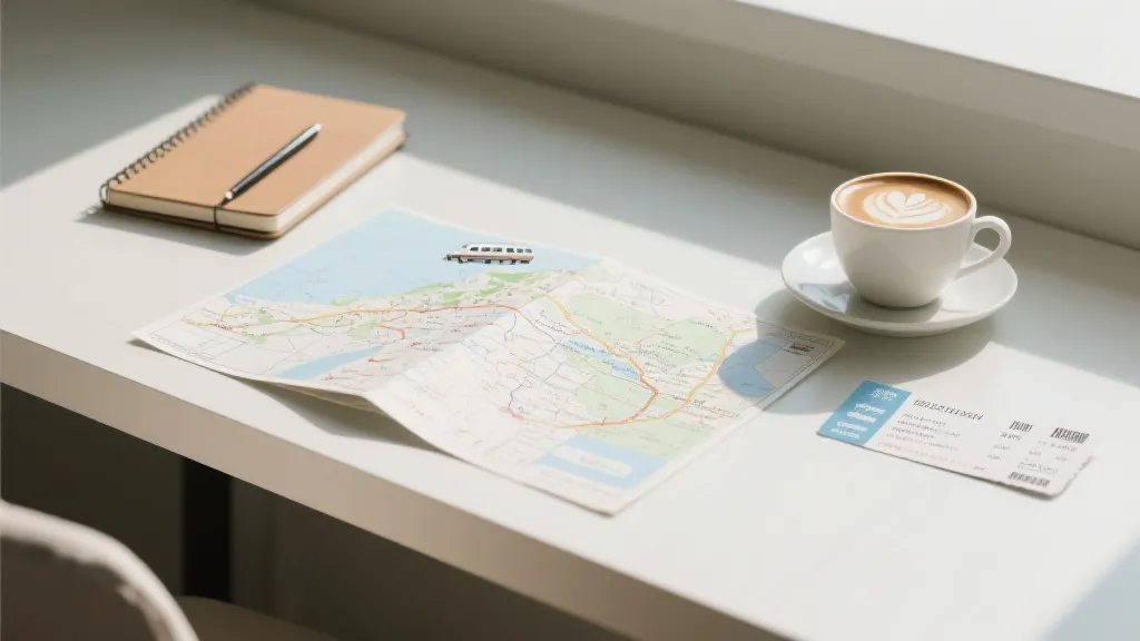 旅行与观赛计划桌面：地图、笔记本、车票与咖啡
