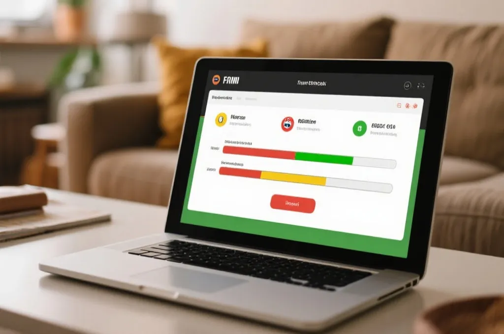 A laptop screen displaying an interactive football match prediction interface for fans with modern progress bars and analytical charts